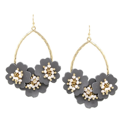 Verona Glass Bead With Faux Leather Flower Cluster Drop Earrings - The House of Hyacinth